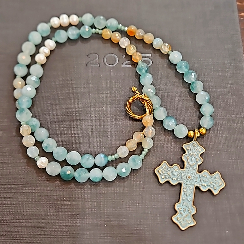 NWT‎ Jasper Beads with Brass Blue Cross Pendant Long Strand Necklace